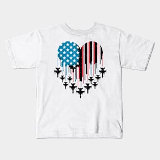 Fighter Jet Airplane American Flag Heart 4Th Of July Kids T-Shirt